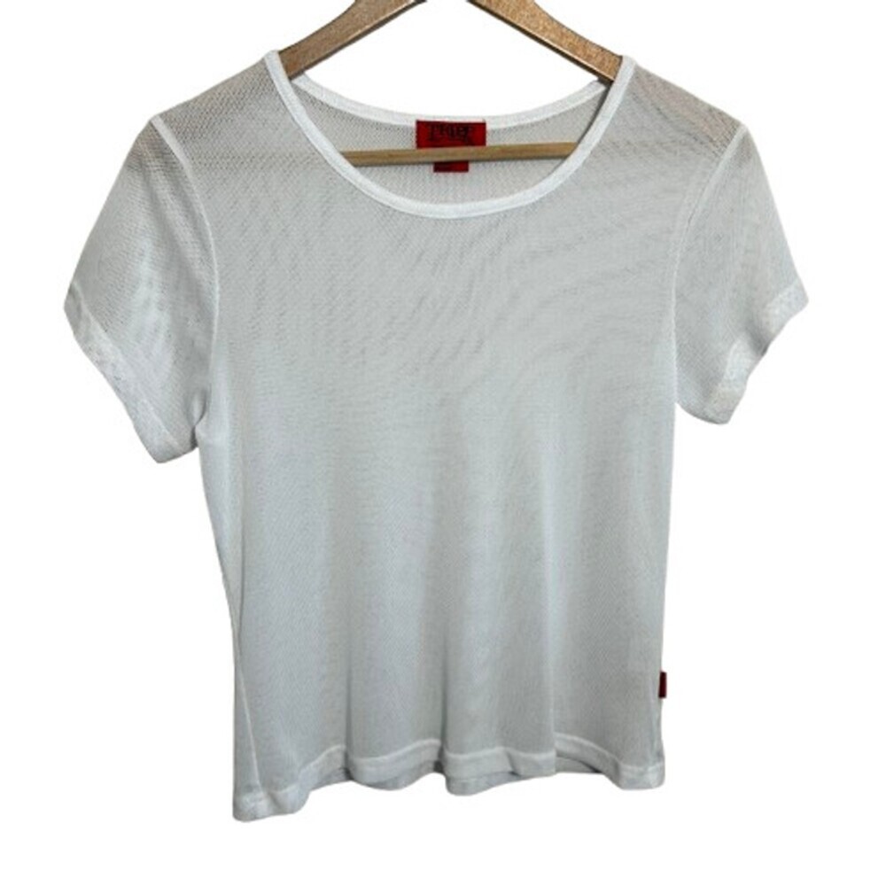 Tripp NYC Fishnet Baby Doll Tee L White Short Sleeve Cropped Stretch Mesh